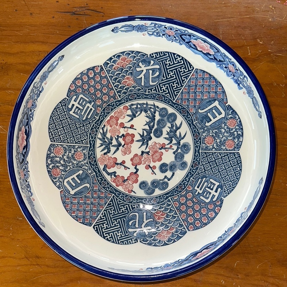 Japanese Imari Style Plate Blue Pink Floral Motif Kanji Design - Picture 5 of 8